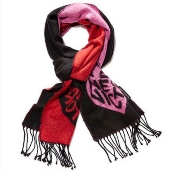 VICTORIA’S Secret Love Victoria Fringed Red Pink Black Color Block Scarf - Picture 2 of 10